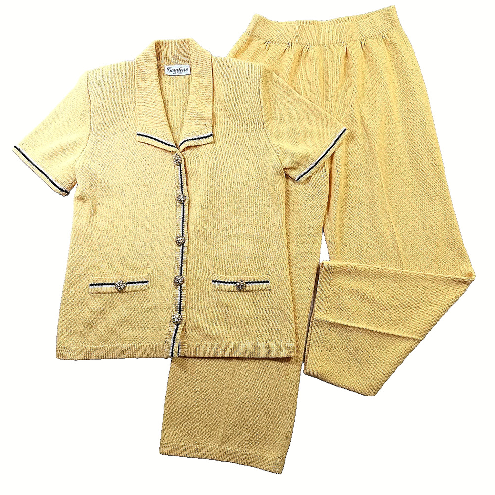 Vintage Gondine USA Knit Pantsuit Set Cardigan Wide Leg Pants Women's